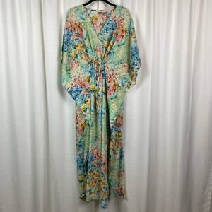 Collections Etc. Vintage Tropical Turtle Floral Caftan MuMu Cover Up Sz.OS